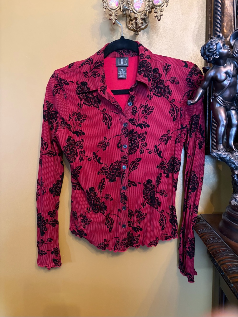 INC International Concepts Fuchsia Button-Down Shirt with Black Floral Print - Picture 3 of 6